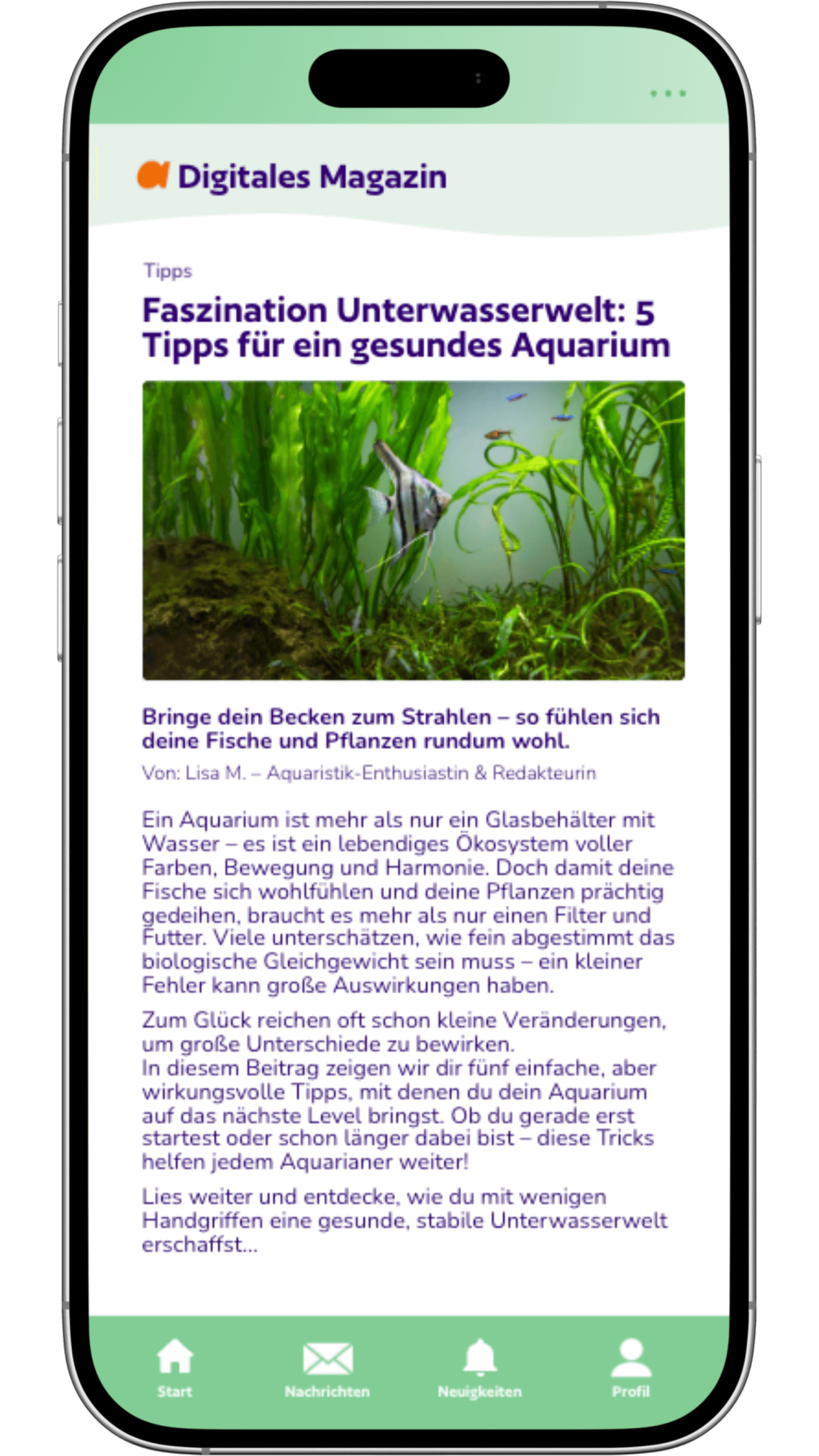 Digitale Magazine in der aquariooh! App auf einem Smartphone