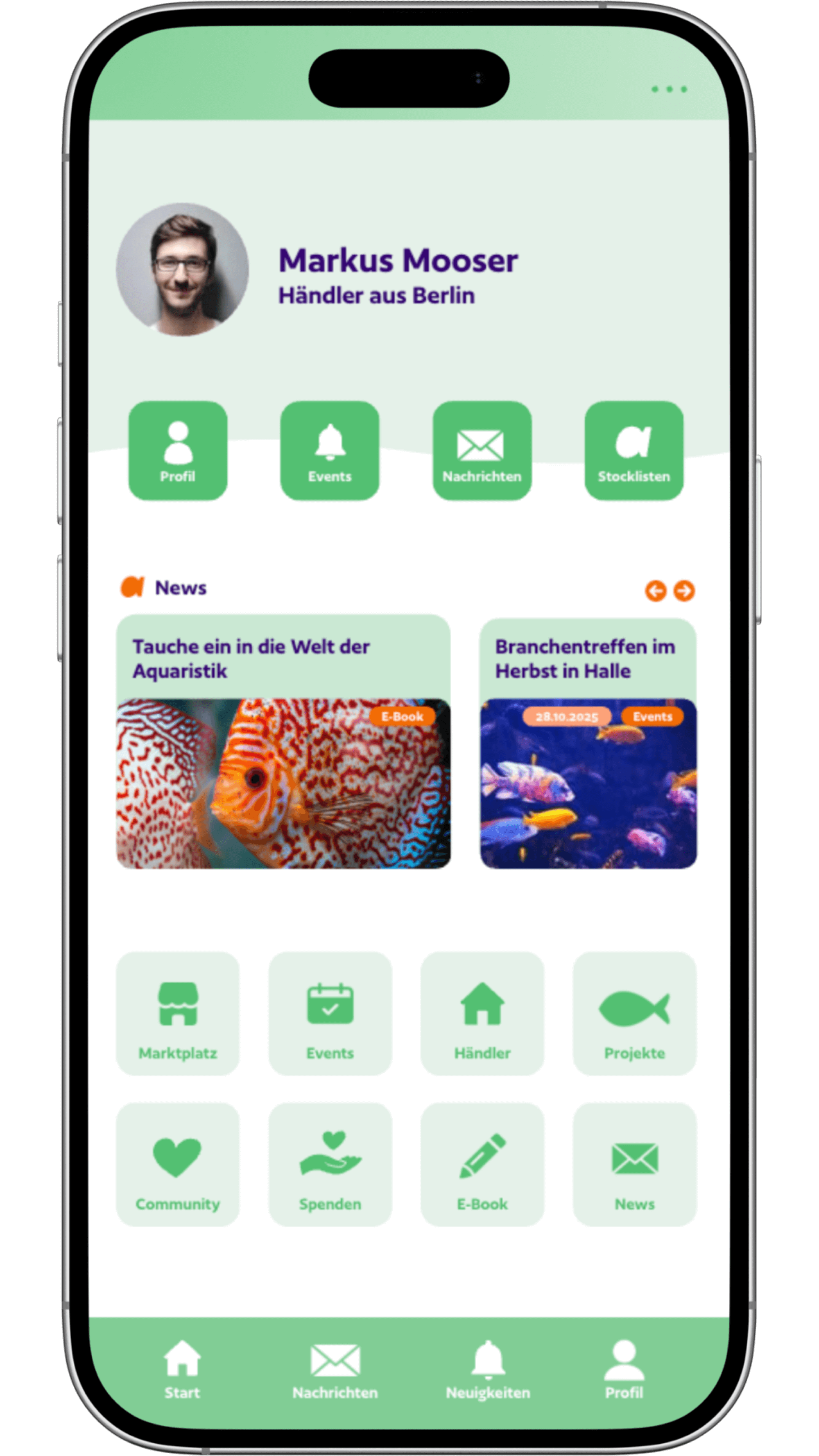 Profilansicht in der aquariooh! App auf einem Smartphone
